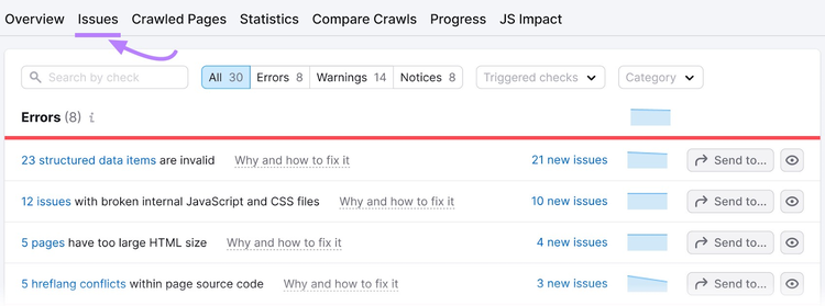 “Errors” listed in “Issues” tab of Site Audit