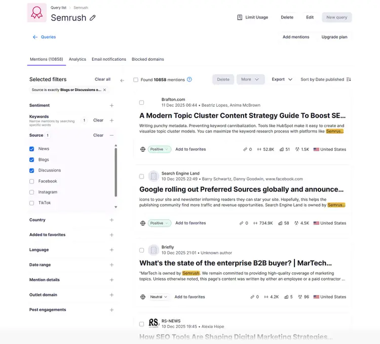 Brand Mentions dashboard listing online articles that reference Semrush with sentiment and reach data.