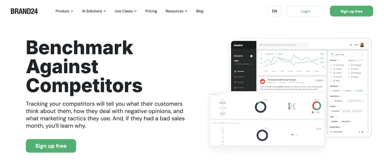 Brand24 Benchmark Against Competitors dashboard for competitor tracking and monitoring