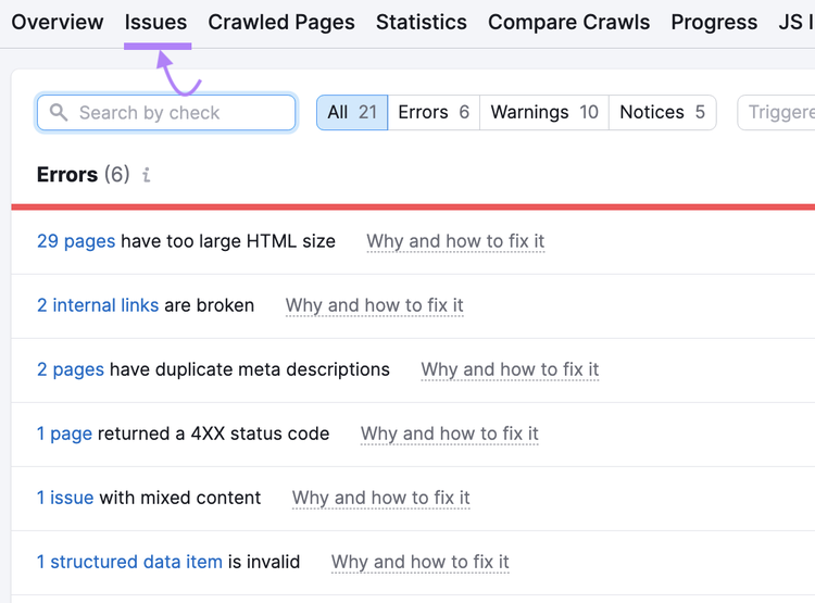 "Errors" section in Site Audit tool