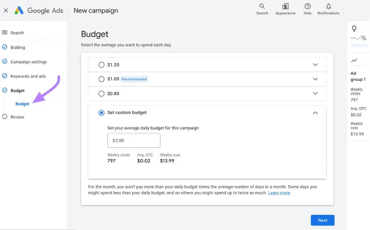 "Budget" window in Google ads