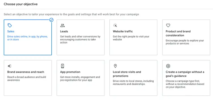 "Sales" selected under "Choose your objective" section
