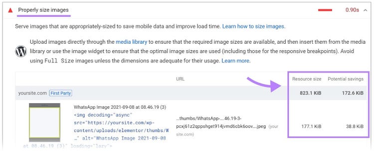 "Properly size images" page on PSI Diagnostics with the "Resource size" and "Potential savings" columns highlighted.