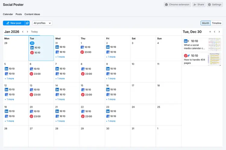 Social Poster monthly calendar view showing scheduled social posts across multiple platforms.