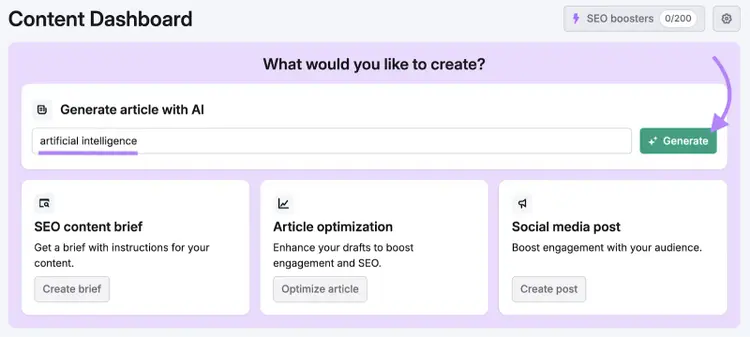 Topic is entered into AI Article Generator tool.
