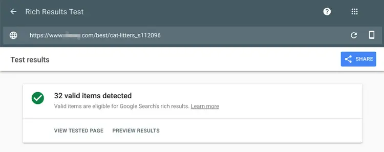 Google Rich Results Test showing 32 valid items detected for cat litters product page with View Tested Page and Preview Results buttons