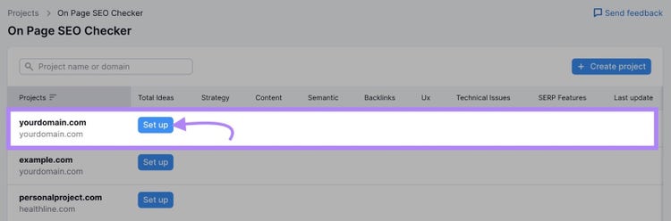 Screenshot: On Page SEO Checker projects list showing three projects with Set up buttons