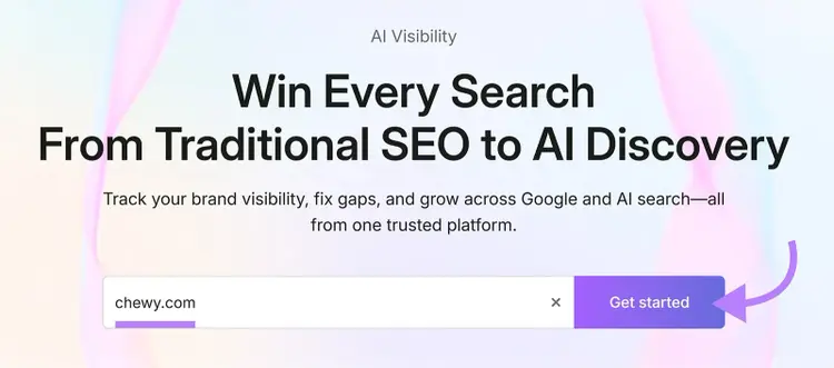 Semrush AI Visibility search field with chewy.com entered and an arrow pointing to the Get started button