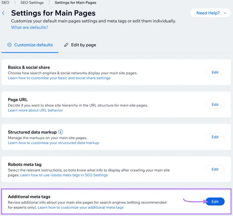 SEO settings for Main Pages, with the last section, "Additional meta tags" highlighted in a purple box