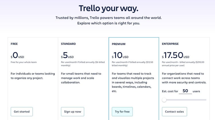 Trello's pricing page showing multiple options including a free plan along with free trials for its paid plans.