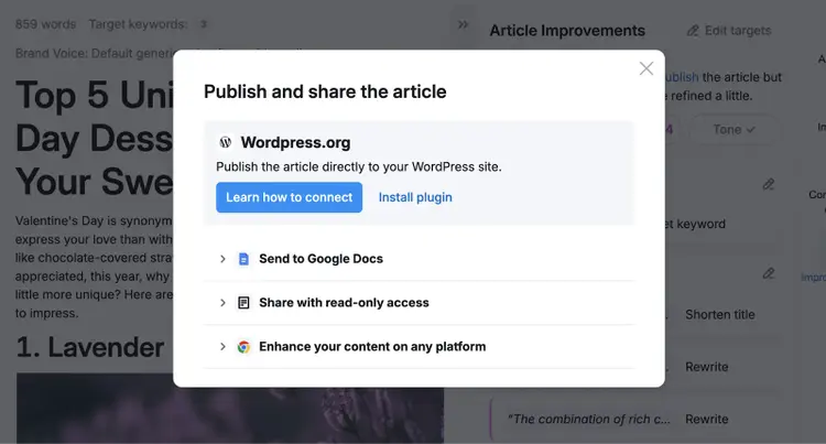 publish options include wordpress, send to google docs, share with read only access, or to enhance your content on any platform