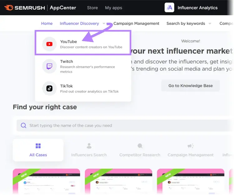 "YouTube" selected under “Influencer Discovery” drop-down menu