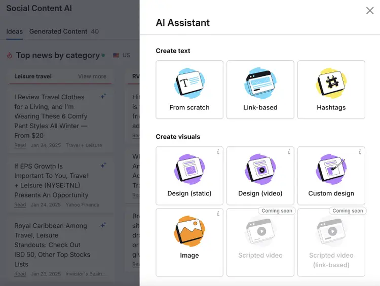 Semrush Social Content AI Assistant allows you to create text and visuals for your social media campaigns.