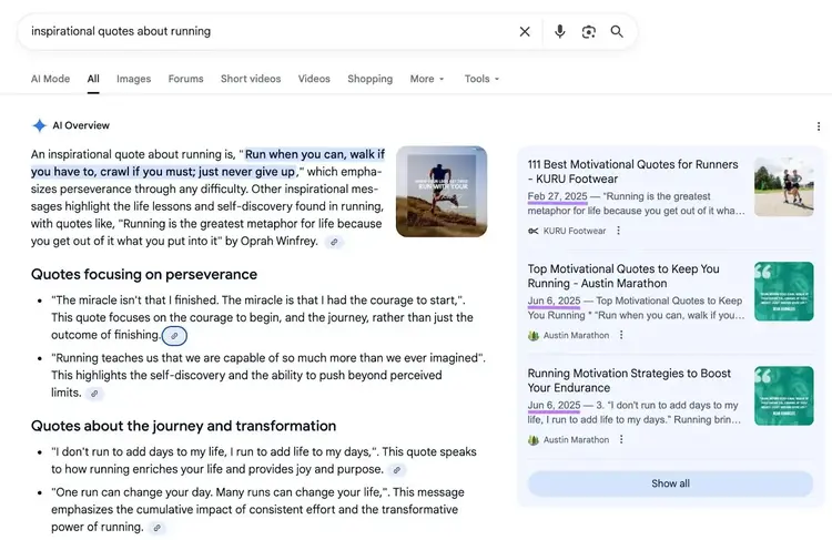 AI Overview for the term "inspirational quotes about running" showing recently published content cited as sources.