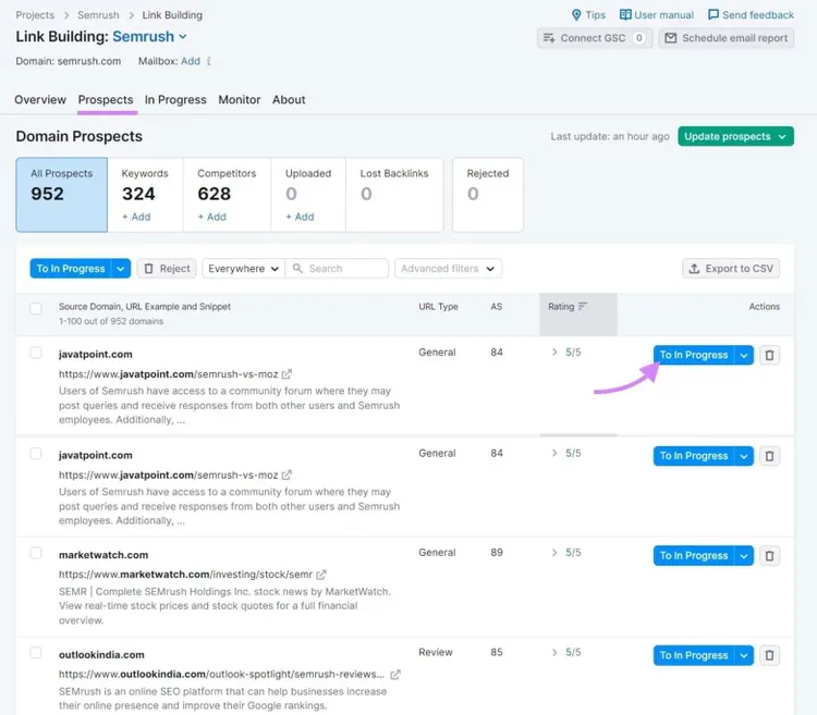 Link Building Tool's "Prospects" tab