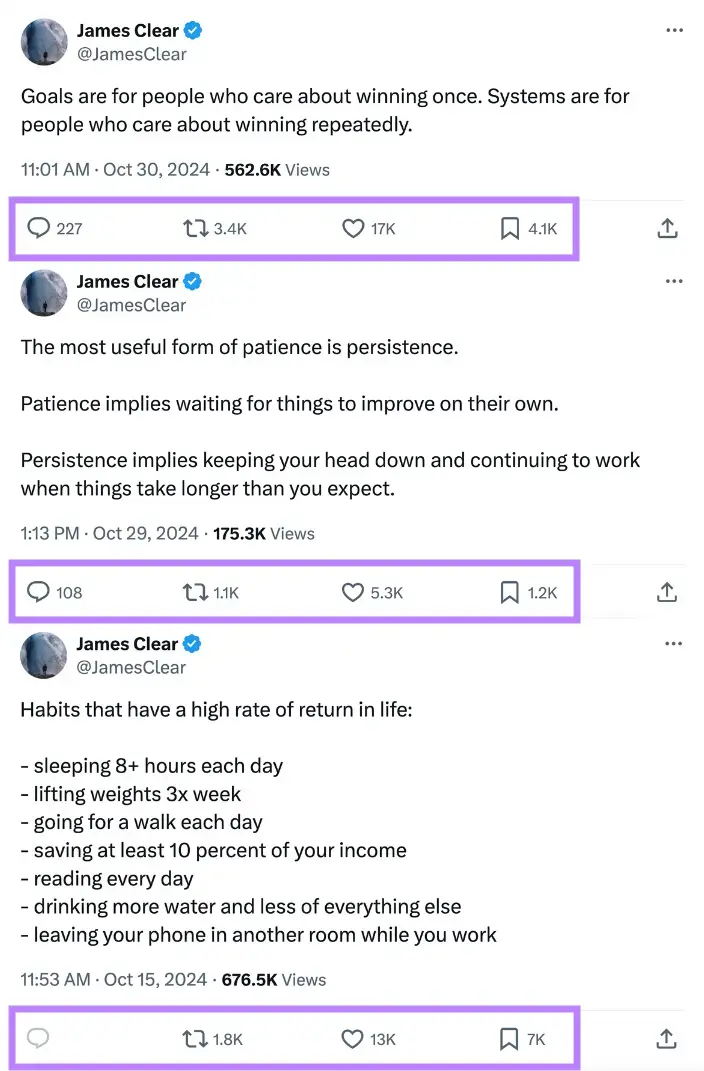 3 posts with engagement metrics like comments, retweets, likes, and saves highlighted