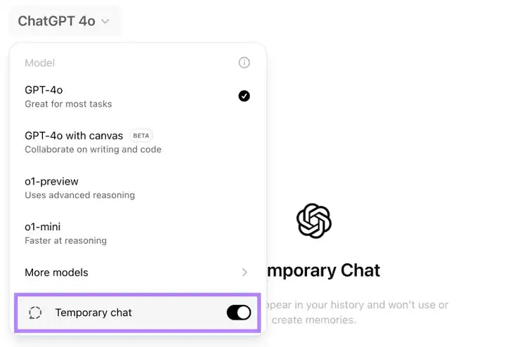 the model drop down menu shows the option to toggle temporary chat