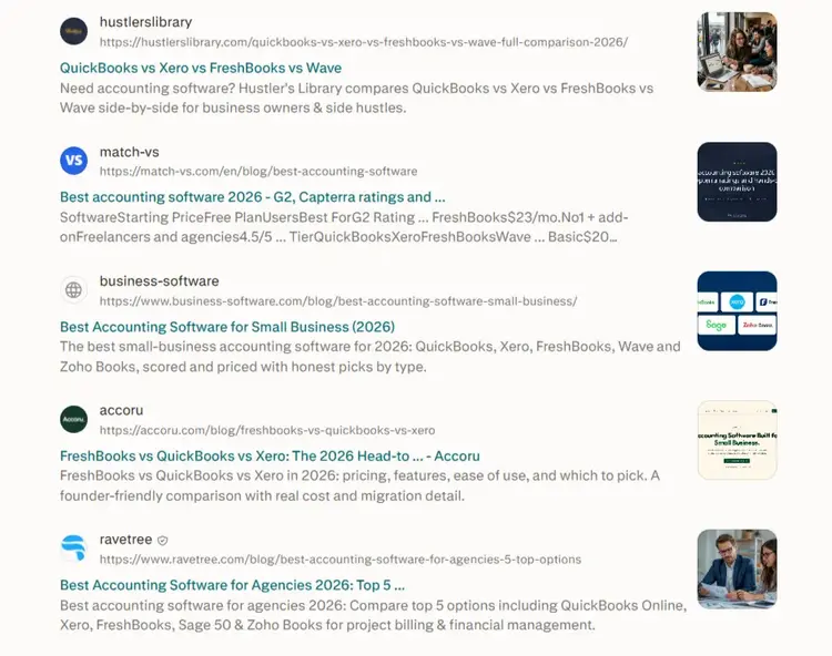 Perplexity search results for accounting software comparisons, with links from several business and software websites