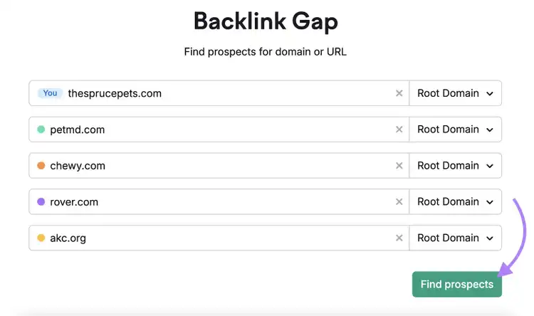 Backlink Gap tool with domain inputs for pet sites competitor analysis