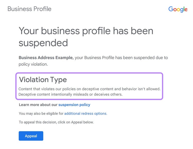 "Your business profile has been suspended" message in Google