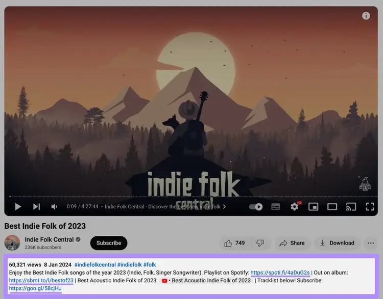 Video description links on YouTube