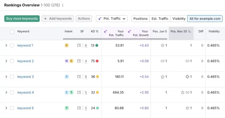 Rankings Overview on Position Tracking showing a list of tracked keywords and how they're performing over time.