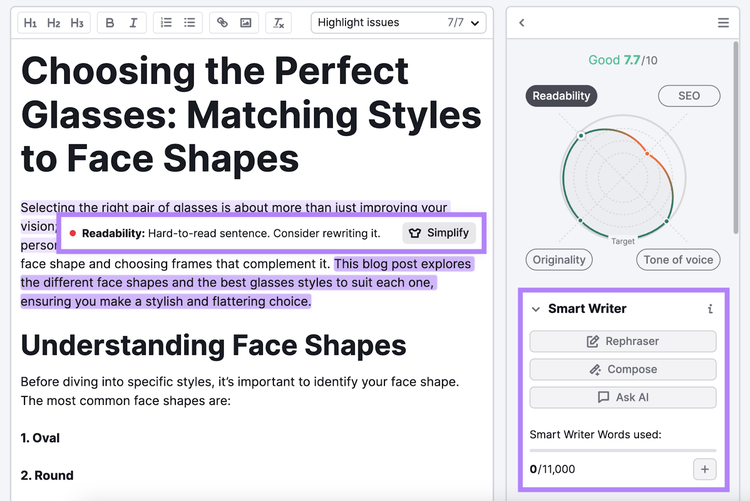 Smart Writer AI tool options highlighted