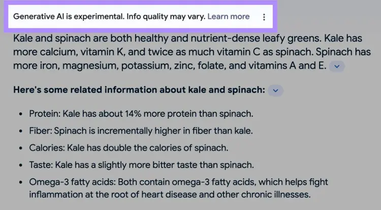 “Generative AI is experimental. Info quality may vary.” disclaimer