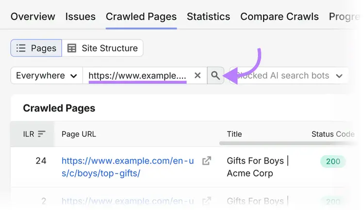Semrush Crawled Pages report showing the search field used to find a specific page URL