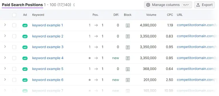 "Paid Search Positions" section of the report