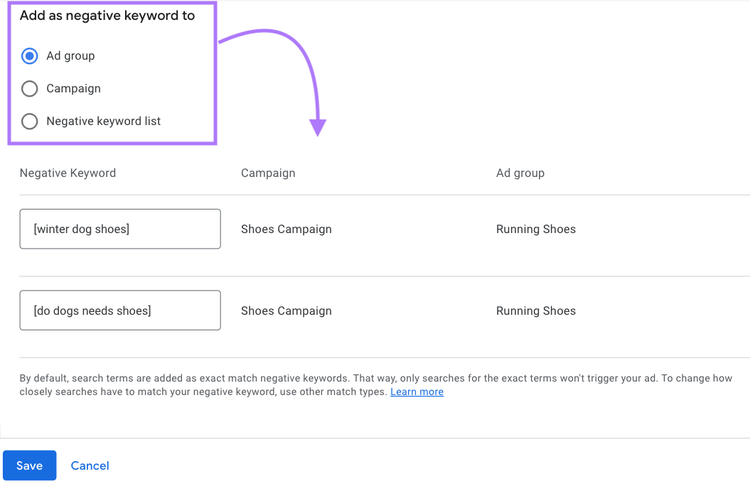"Add as negative keywords to" with options: "ad group" "campaign" and "negative keyword list"