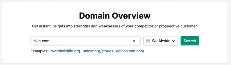Domain Overview search interface for competitor analysis with examples and Worldwide filter option