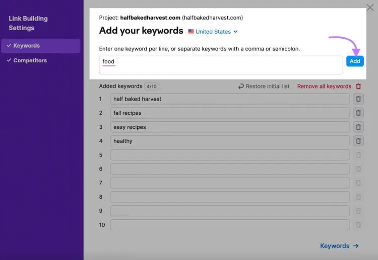 "Add your keywords" box in the Link Building Settings