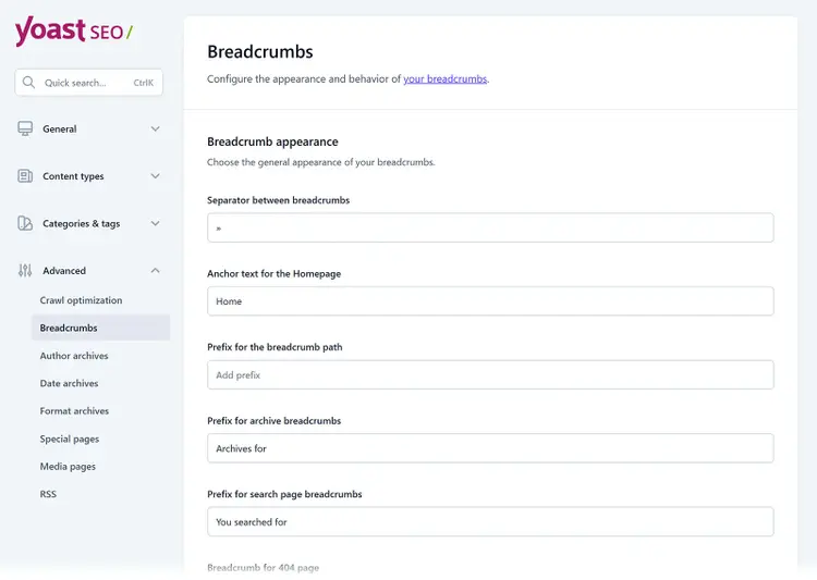 Yoast SEO Breadcrumbs settings screen showing fields for separator, homepage text, and prefix options.