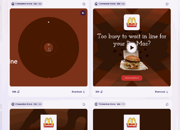 Four AI-generated video ads for McDonald's with score 100/100