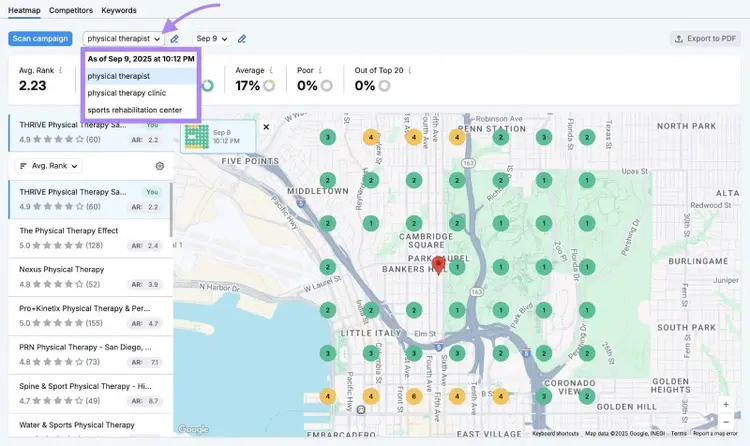 The keywords tab clicked and the options in the dropdown highlighted on Map Rank Tracker.