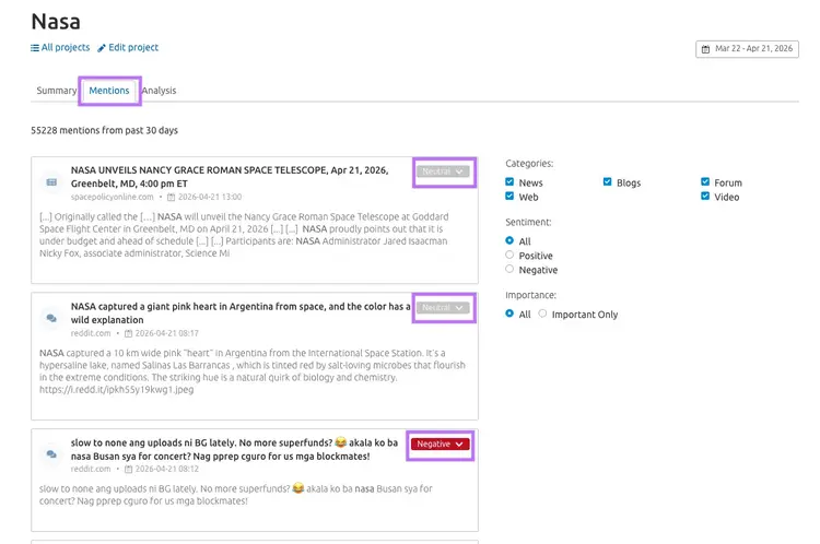 Screenshot of Semrush media monitoring report with the “Mentions” tab highlighted, and both “Negative” and “Neutral” options selected in the “Sentiment” filter modal.