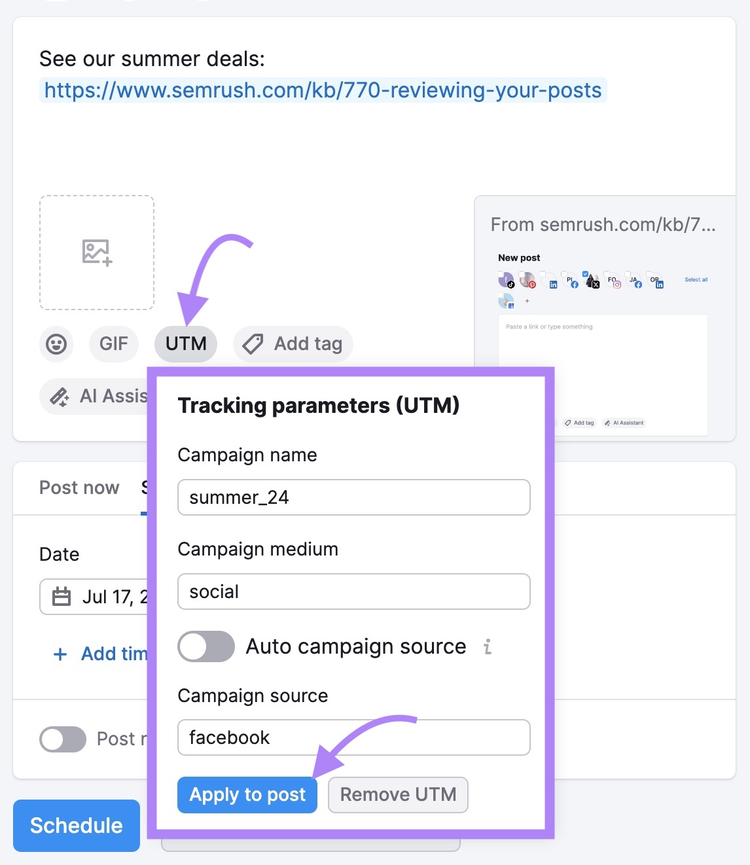 UTM parameter settings within Semrush Social Poster