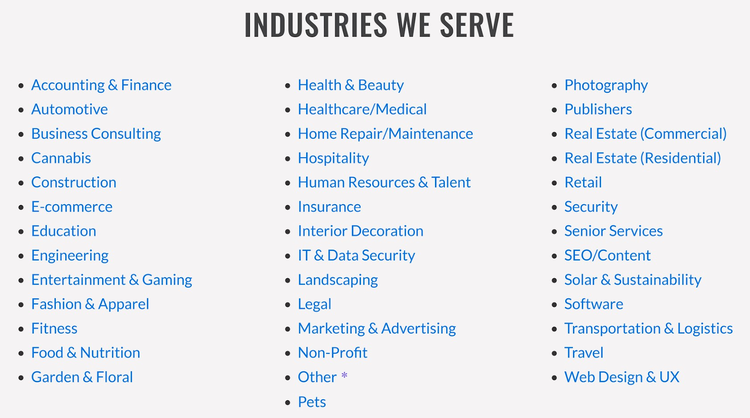 "Industries we serve" section on Verblio page