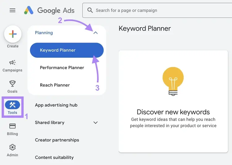 The "Tools" tab on Google Ads with "Keyword Planner" under "Planning" clicked.