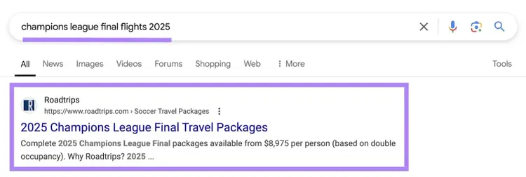 Google SERP for the term "champions league final flights 2025" with the first result being a travel package for the event.