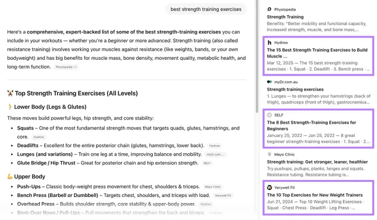 ChatGPT answer with Sources panel showing highlighted cited listicles from Hydrow other sites for strength training exercises.