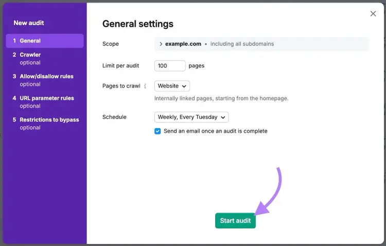 The "General settings" window on Site Audit with "Start audit" clicked.