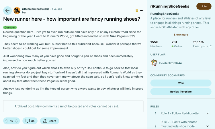 subreddit for running shoe geeks with a thread about the importance of fancy running shoes