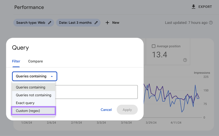 Queries containing drop down shows Custom regex option