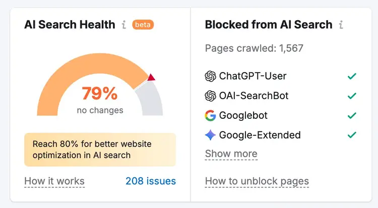 Semrush AI Search Health dashboard showing 79% score with list of blocked AI crawlers