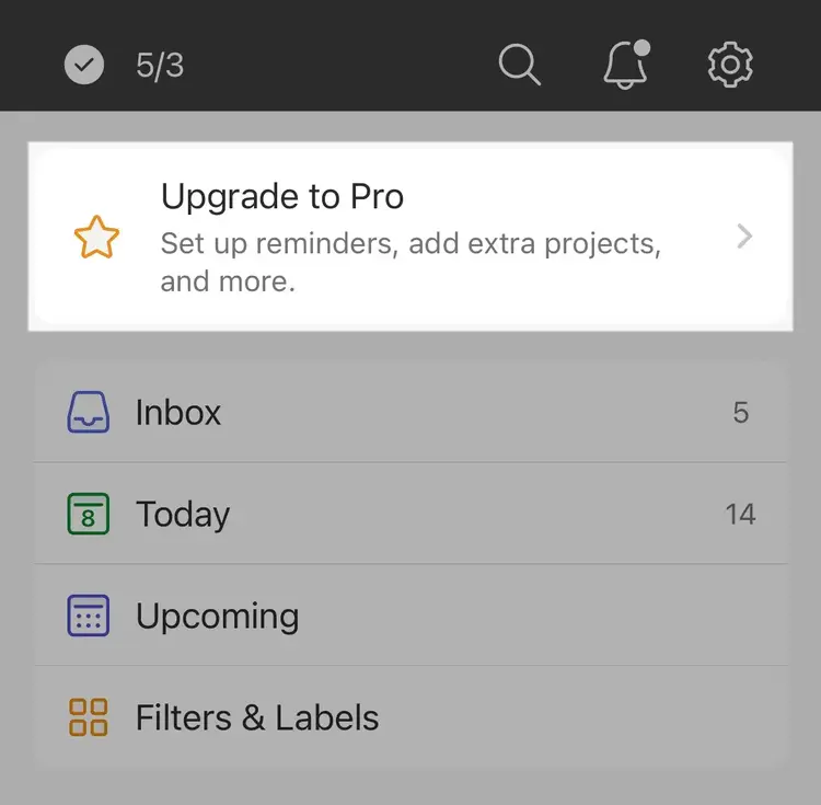 Native ad in Todoist mobile app encouraging users to upgrade to a Todoist Pro plan