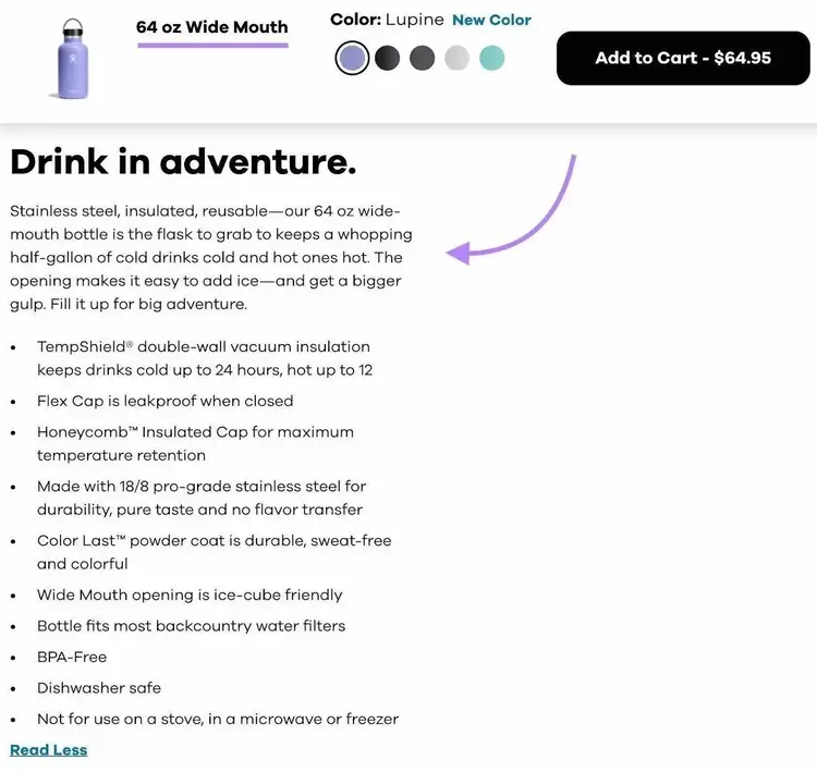 A product description for "64 oz Wide Mouth" water bottle