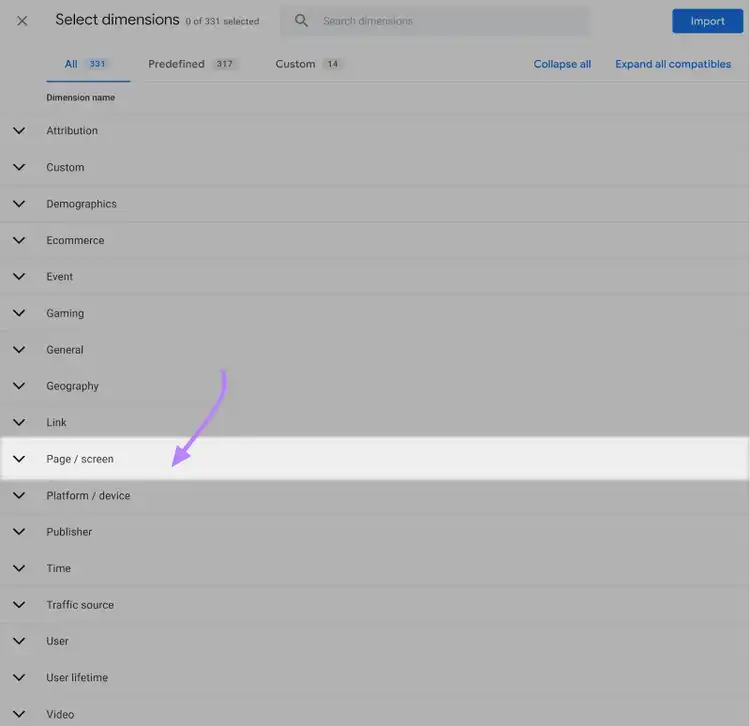 “Page / screen” option selected under "Select dimensions" drop-down menu