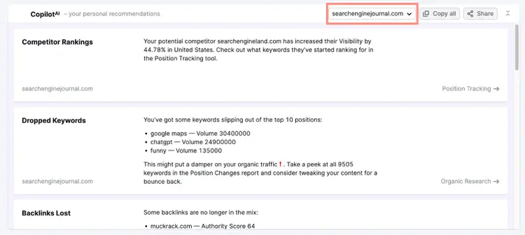 Copilot recommendations for searchenginejournal.com with 44.78% competitor visibility